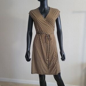 Michael Michael Kors Chain Print Faux Wrap Dress S Belted V Neck Brown Retro